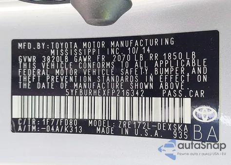 2015 Toyota Corolla S Plus из США, поврежденный, VIN 5YFBURHEXFP216342